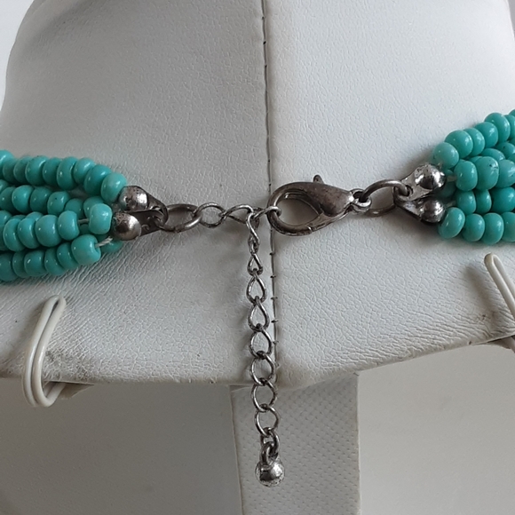 Turquoise Glass Rondel Beaded 5 Strand Necklace 19" - Picture 6 of 6